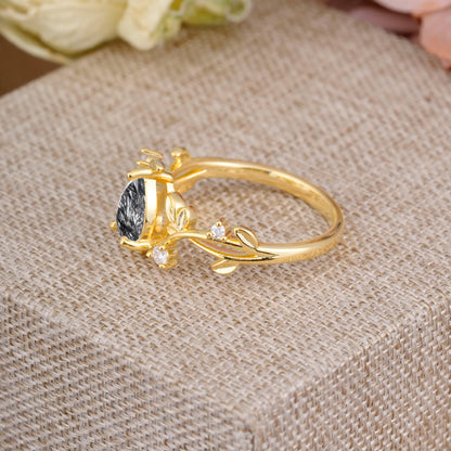 Branch-Inspired 3-Prong Pear-Cut Black Rutilated Quartz Engagement Ring