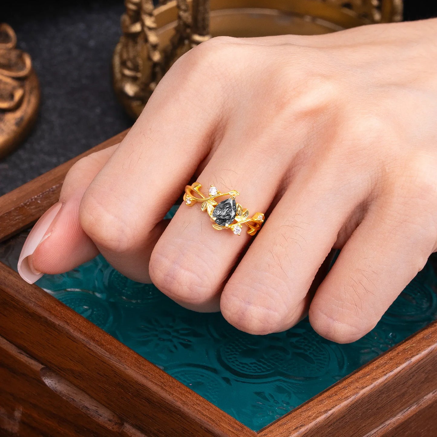 Branch-Inspired 3-Prong Pear-Cut Black Rutilated Quartz Engagement Ring