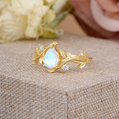 Branch-Inspired 3-Prong Pear-Cut Moonstone Engagement Ring
