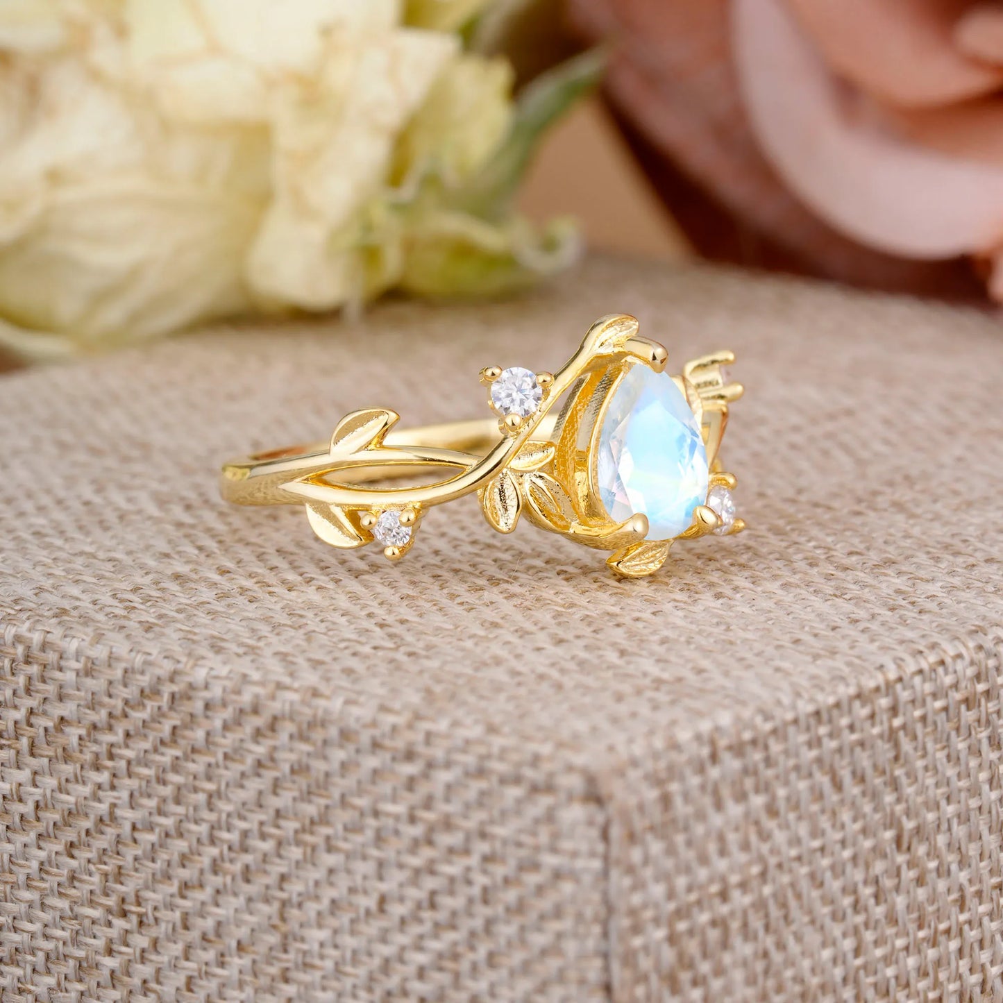 Branch-Inspired 3-Prong Pear-Cut Moonstone Engagement Ring