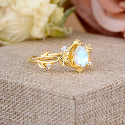 Branch-Inspired 3-Prong Pear-Cut Moonstone Engagement Ring
