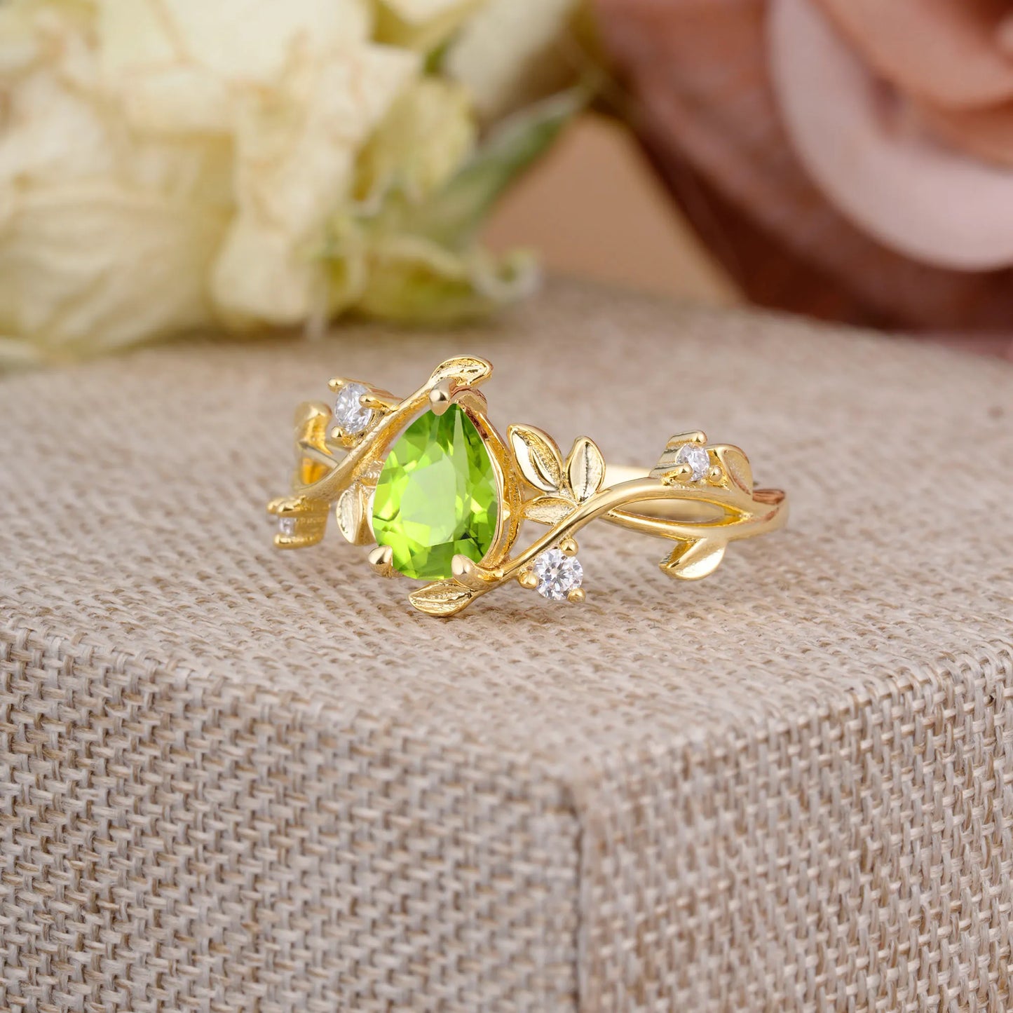 Branch-Inspired 3-Prong Pear-Cut Peridot Engagement Ring