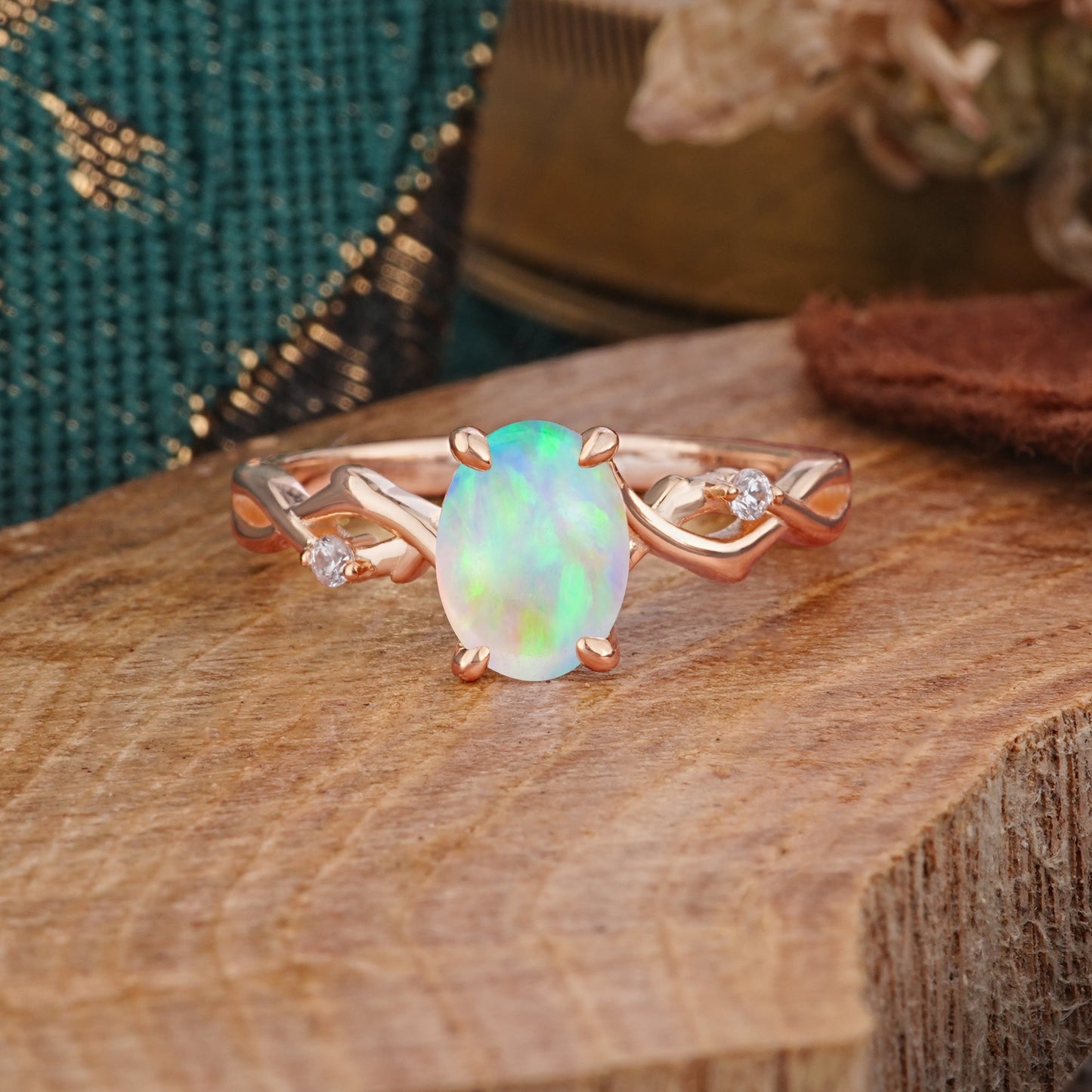 Artistic Twisted Shank Oval Cut Opal Engagement Ring