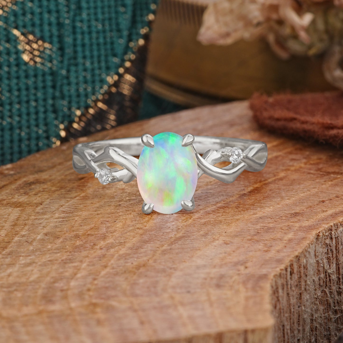 Artistic Twisted Shank Oval Cut Opal Engagement Ring