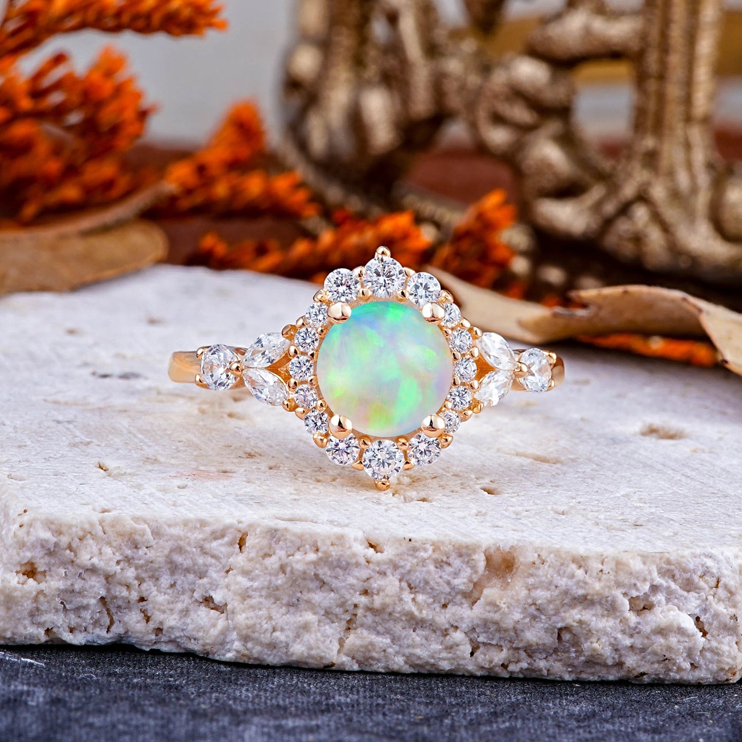 Luxury 4-Prong Round Opal Engagement Ring
