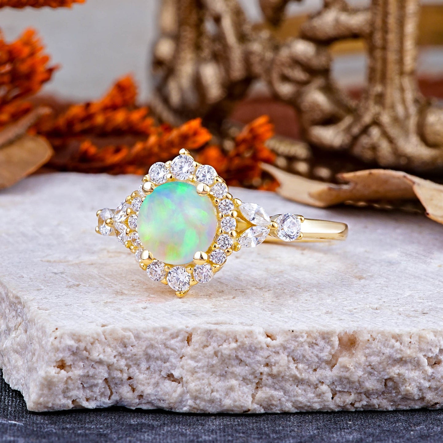 Luxury 4-Prong Round Opal Engagement Ring