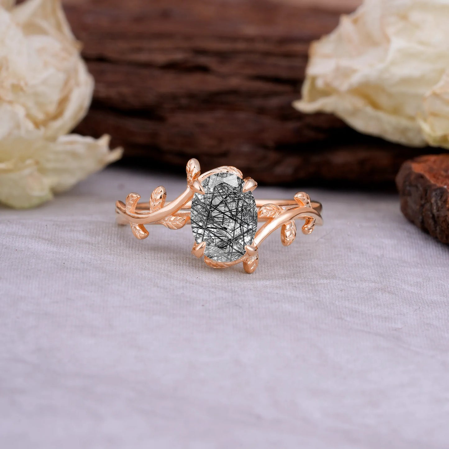 Nature Inspired 4 Prong Oval Cut Black Rutilated Quartz Wedding Ring