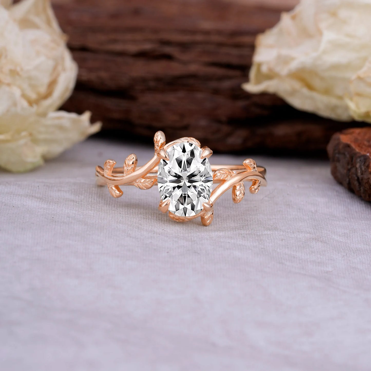 Nature Inspired 4 Prong Oval Cut Lab Diamond Wedding Ring