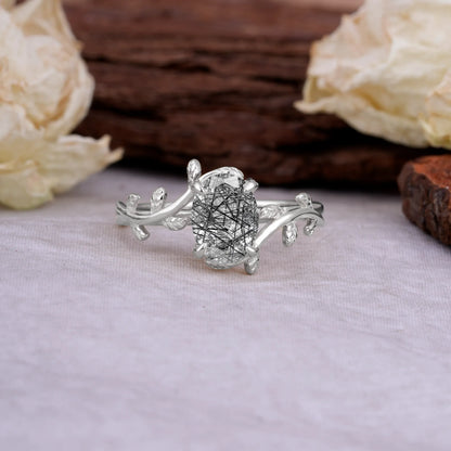 Nature Inspired 4 Prong Oval Cut Black Rutilated Quartz Wedding Ring