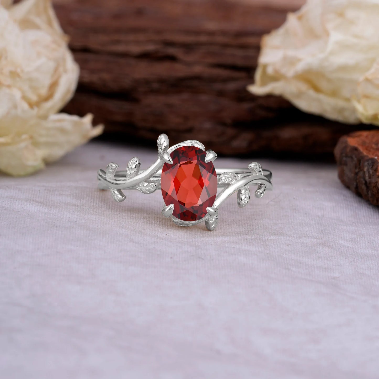 Nature Inspired 4 Prong Oval Cut Garnet Wedding Ring