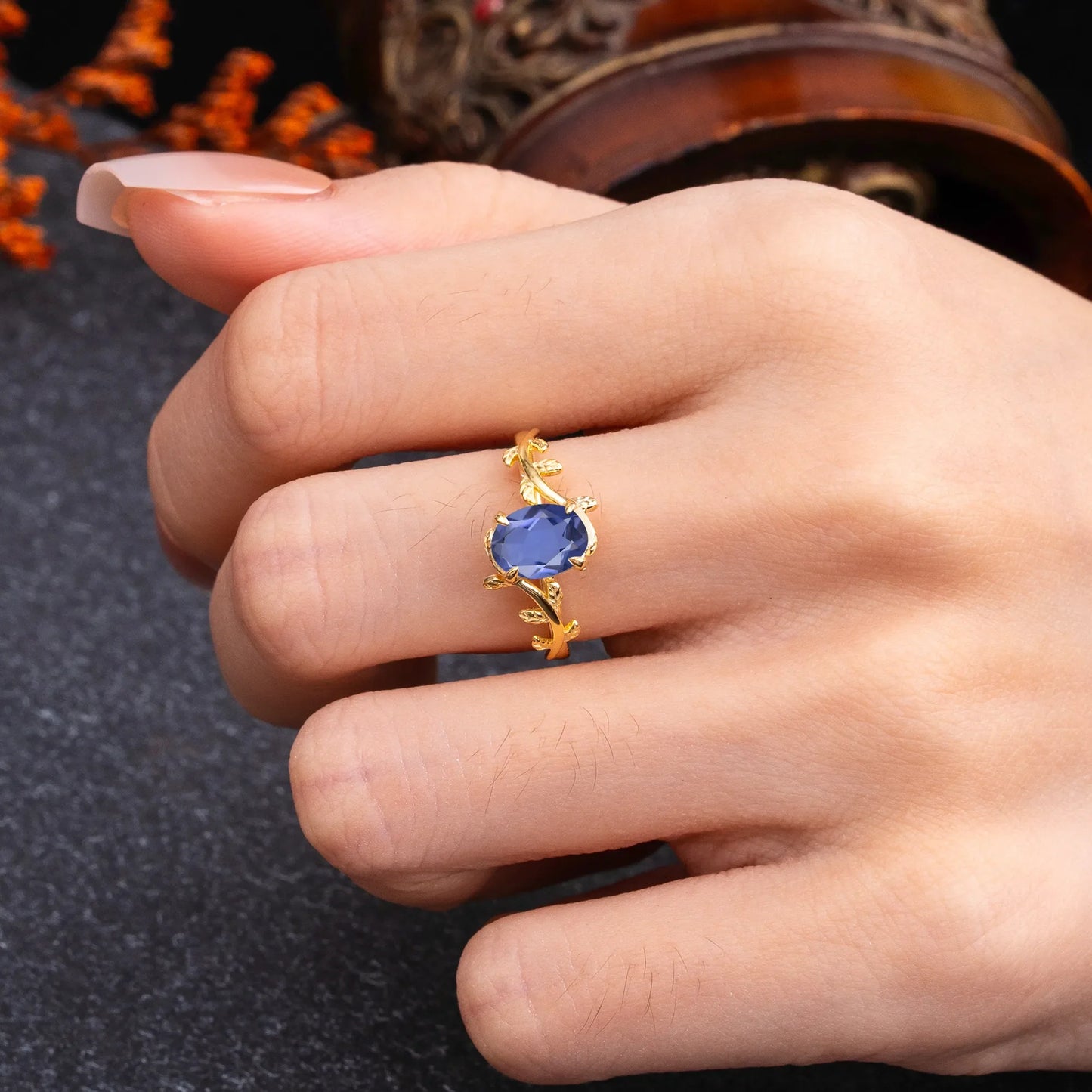 Nature Inspired 4 Prong Oval Cut Tanzanite Wedding Ring