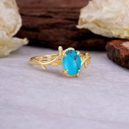 Nature Inspired 4 Prong Oval Cut Turquoise Wedding Ring