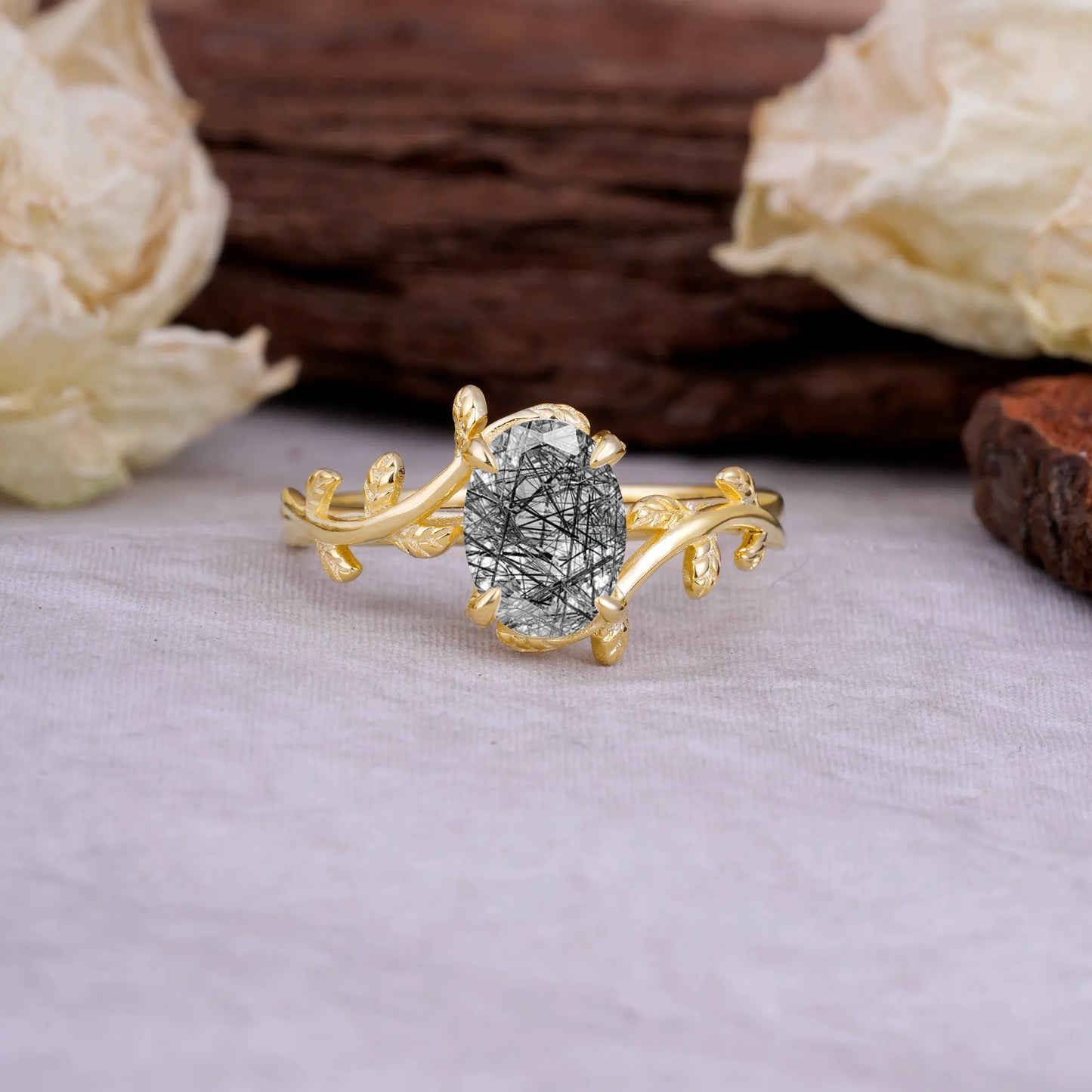 Nature Inspired 4 Prong Oval Cut Black Rutilated Quartz Wedding Ring