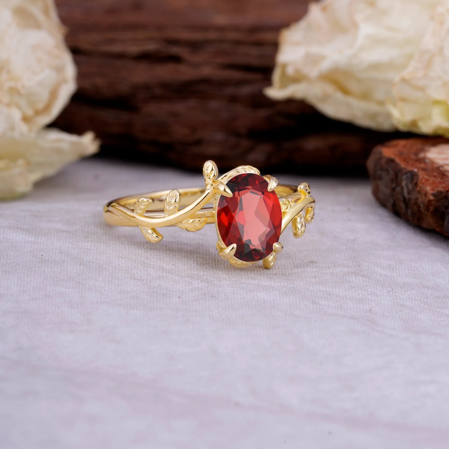 Nature Inspired 4 Prong Oval Cut Garnet Wedding Ring