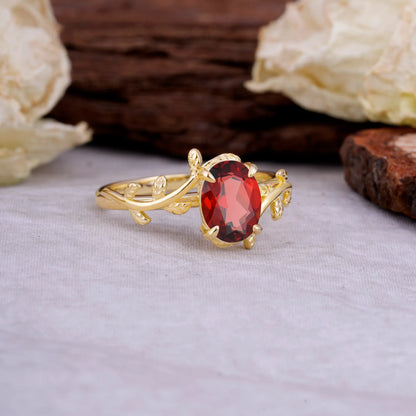 Nature Inspired 4 Prong Oval Cut Garnet Wedding Ring