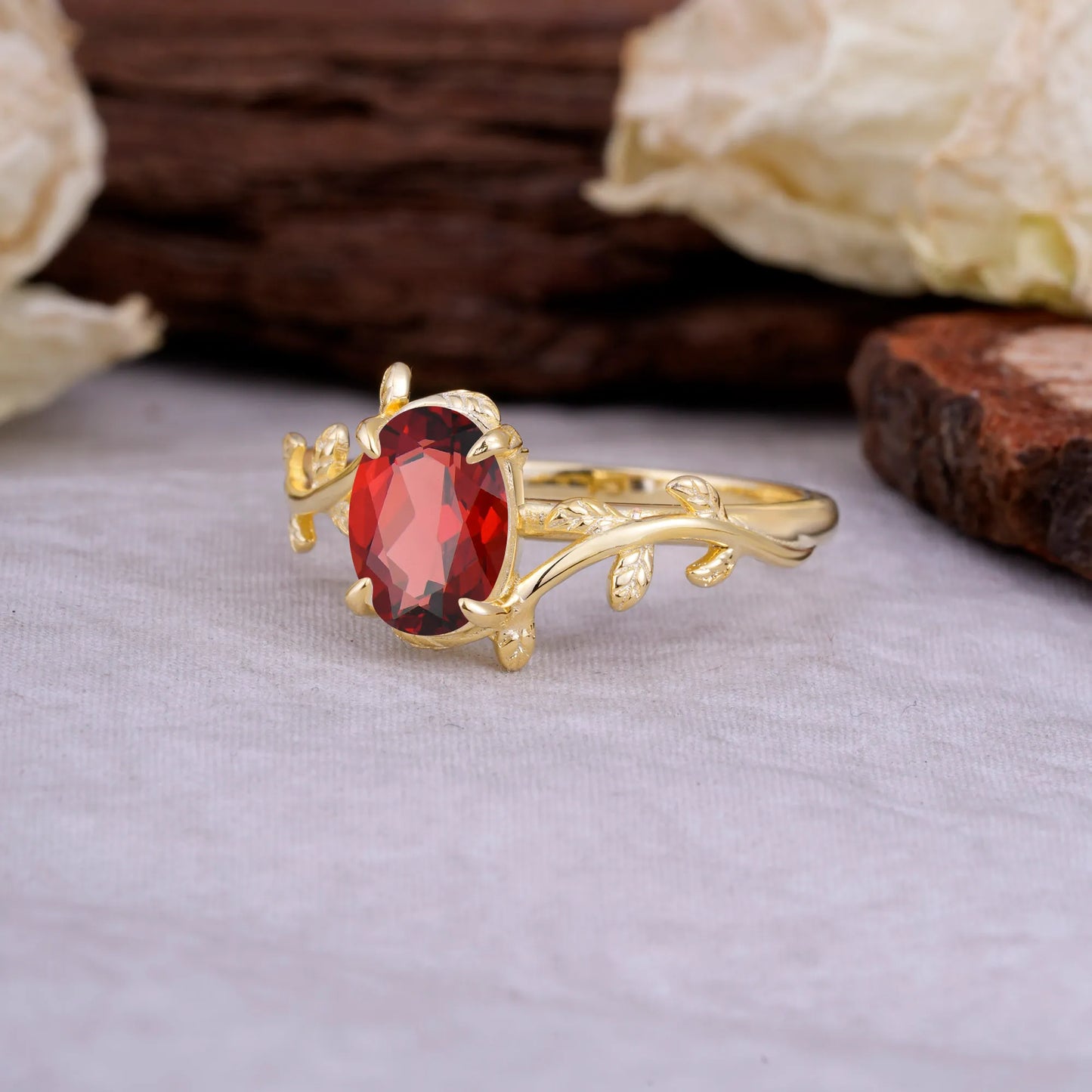 Nature Inspired 4 Prong Oval Cut Garnet Wedding Ring
