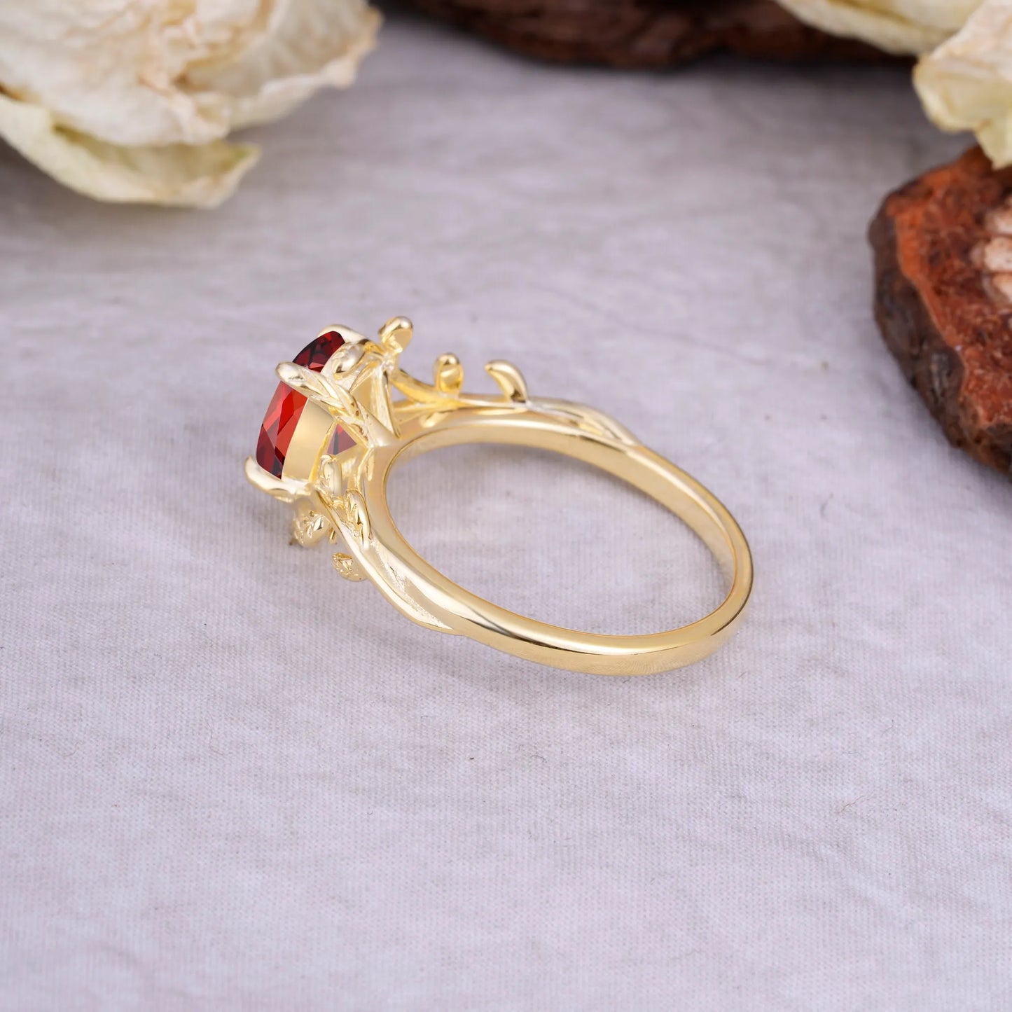 Nature Inspired 4 Prong Oval Cut Garnet Wedding Ring