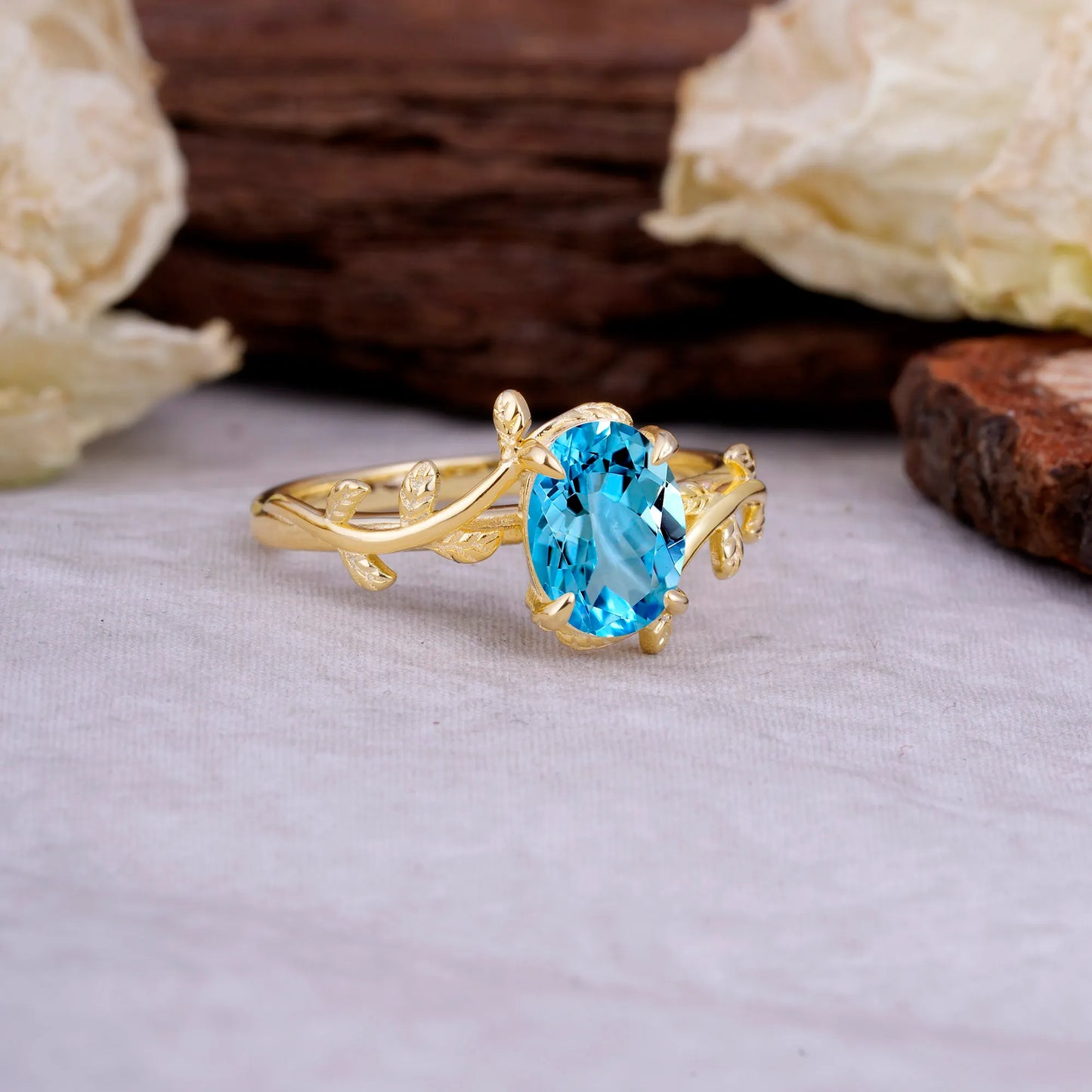 Nature Inspired 4 Prong Oval Cut Aquamarine Wedding Ring