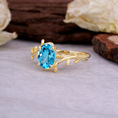 Nature Inspired 4 Prong Oval Cut Aquamarine Wedding Ring