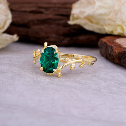 Nature Inspired 4 Prong Oval Cut Emerald Wedding Ring