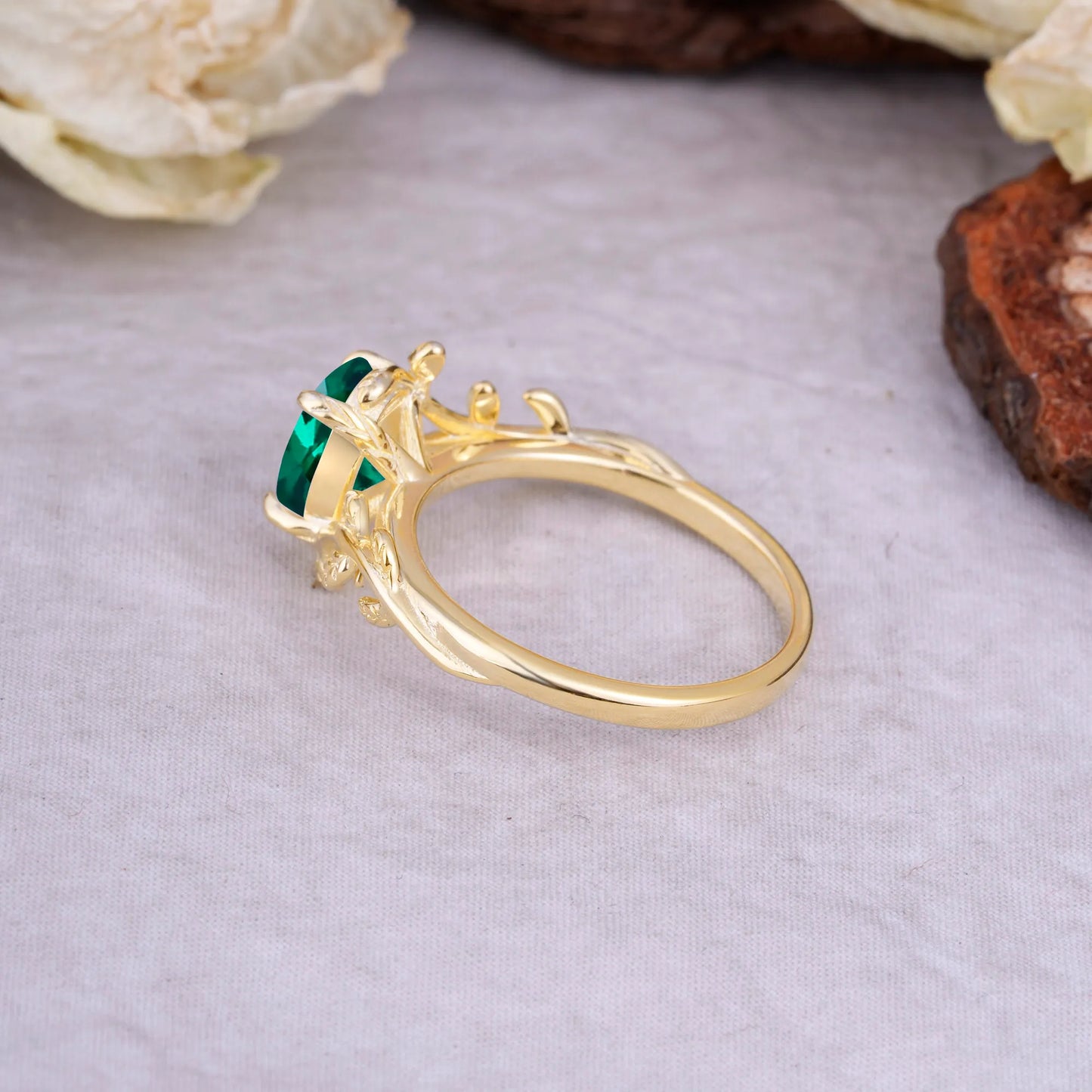 Nature Inspired 4 Prong Oval Cut Emerald Wedding Ring