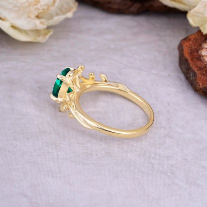 Nature Inspired 4 Prong Oval Cut Emerald Wedding Ring