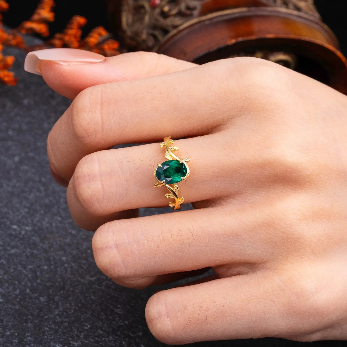 Nature Inspired 4 Prong Oval Cut Emerald Wedding Ring
