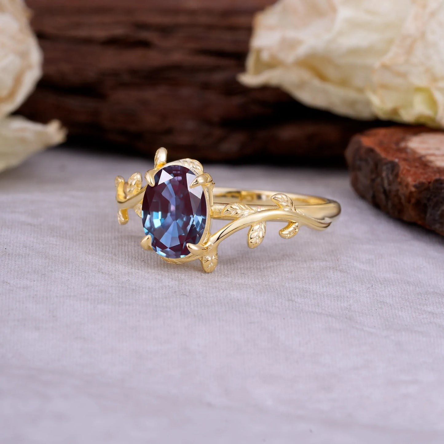 Nature Inspired 4 Prong Oval Cut Alexandrite Wedding Ring