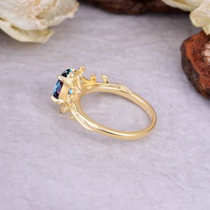 Nature Inspired 4 Prong Oval Cut Alexandrite Wedding Ring