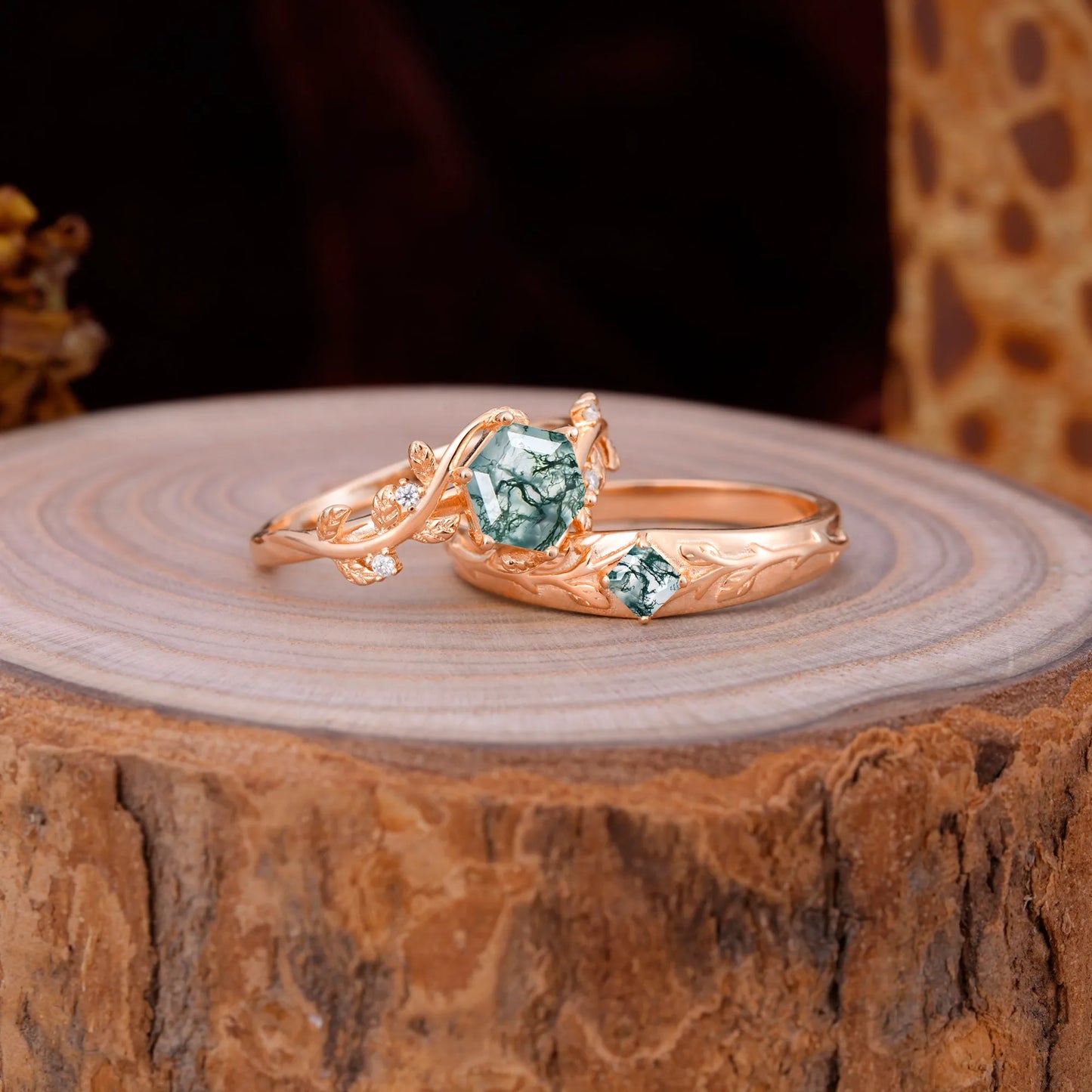 Luxurious Nature Inspired 6-Prong Hexagonal-Cut Moss Agate Engagement Couple Rings