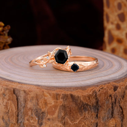 Luxurious Nature Inspired 6-Prong Hexagonal-Cut Black Onyx Engagement Couple Rings