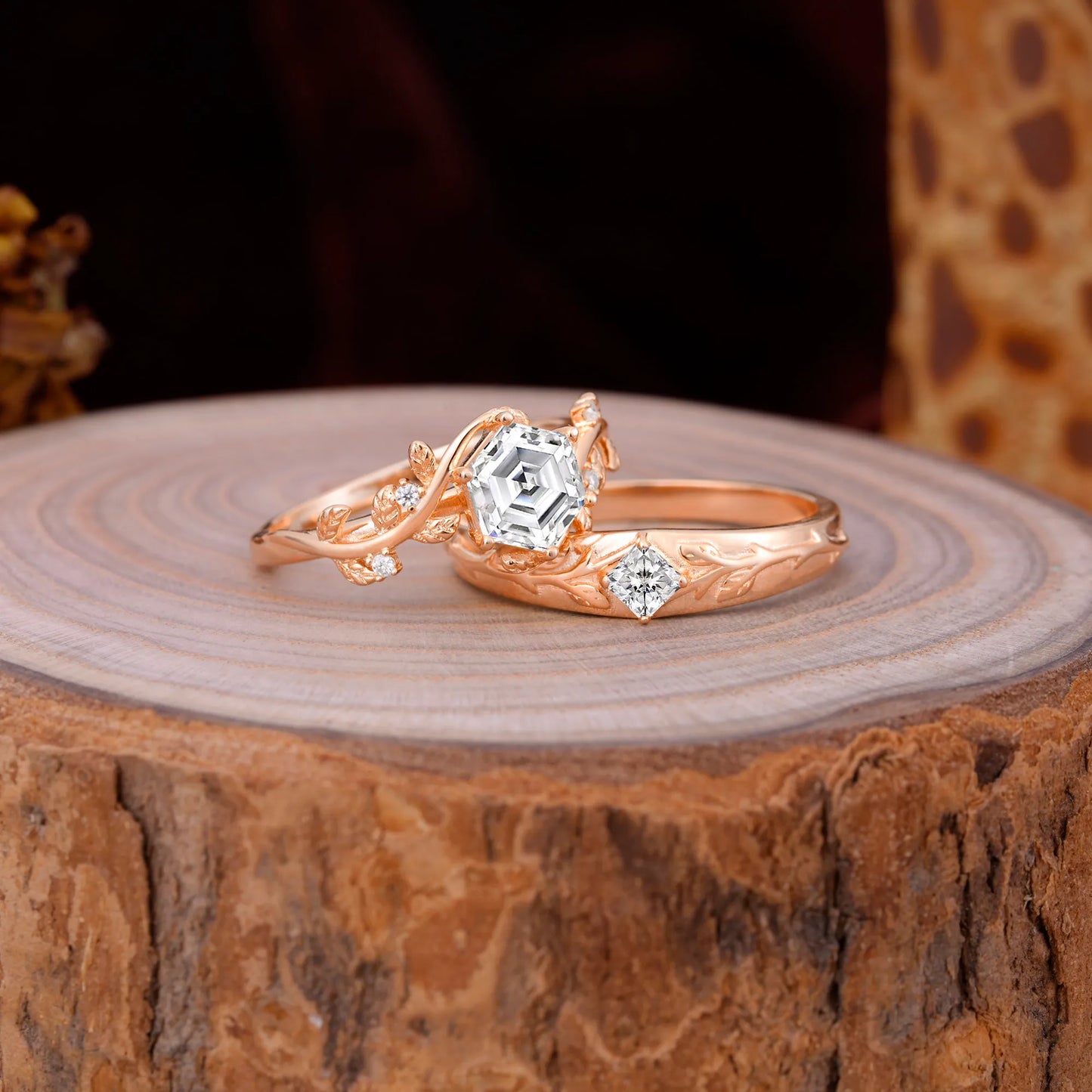 Luxurious Nature Inspired 6-Prong Hexagonal-Cut Lab Diamond Engagement Couple Rings