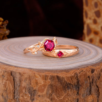 Luxurious Nature Inspired 6-Prong Hexagonal-Cut Ruby Engagement Couple Rings