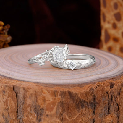 Luxurious Nature Inspired 6-Prong Hexagonal-Cut Moissanite Engagement Couple Rings