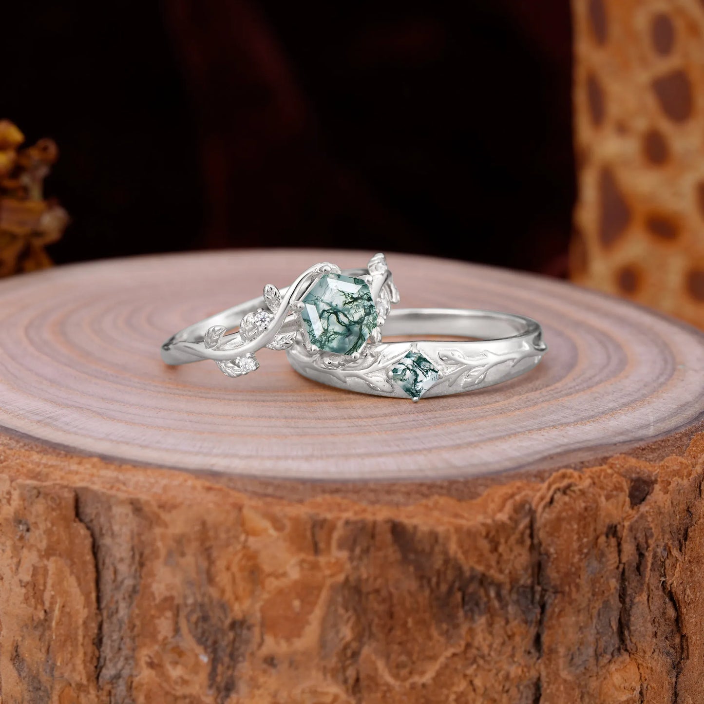 Luxurious Nature Inspired 6-Prong Hexagonal-Cut Moss Agate Engagement Couple Rings