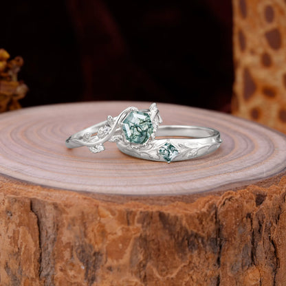 Luxurious Nature Inspired 6-Prong Hexagonal-Cut Moss Agate Engagement Couple Rings