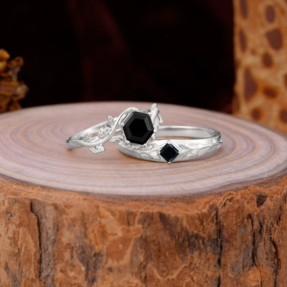 Luxurious Nature Inspired 6-Prong Hexagonal-Cut Black Onyx Engagement Couple Rings