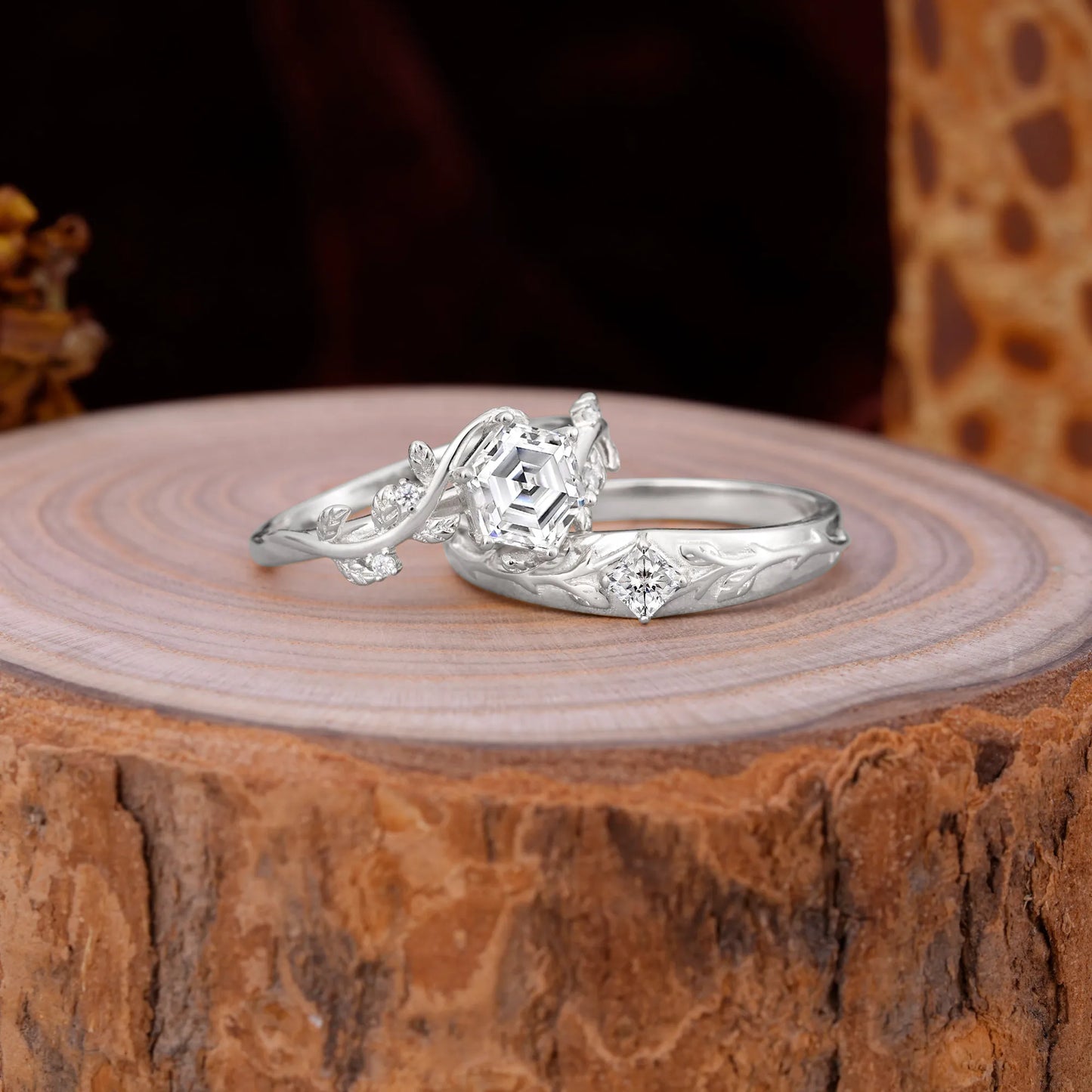 Luxurious Nature Inspired 6-Prong Hexagonal-Cut Lab Diamond Engagement Couple Rings