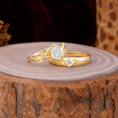 Luxurious Nature Inspired 6-Prong Hexagonal-Cut Moissanite Engagement Couple Rings