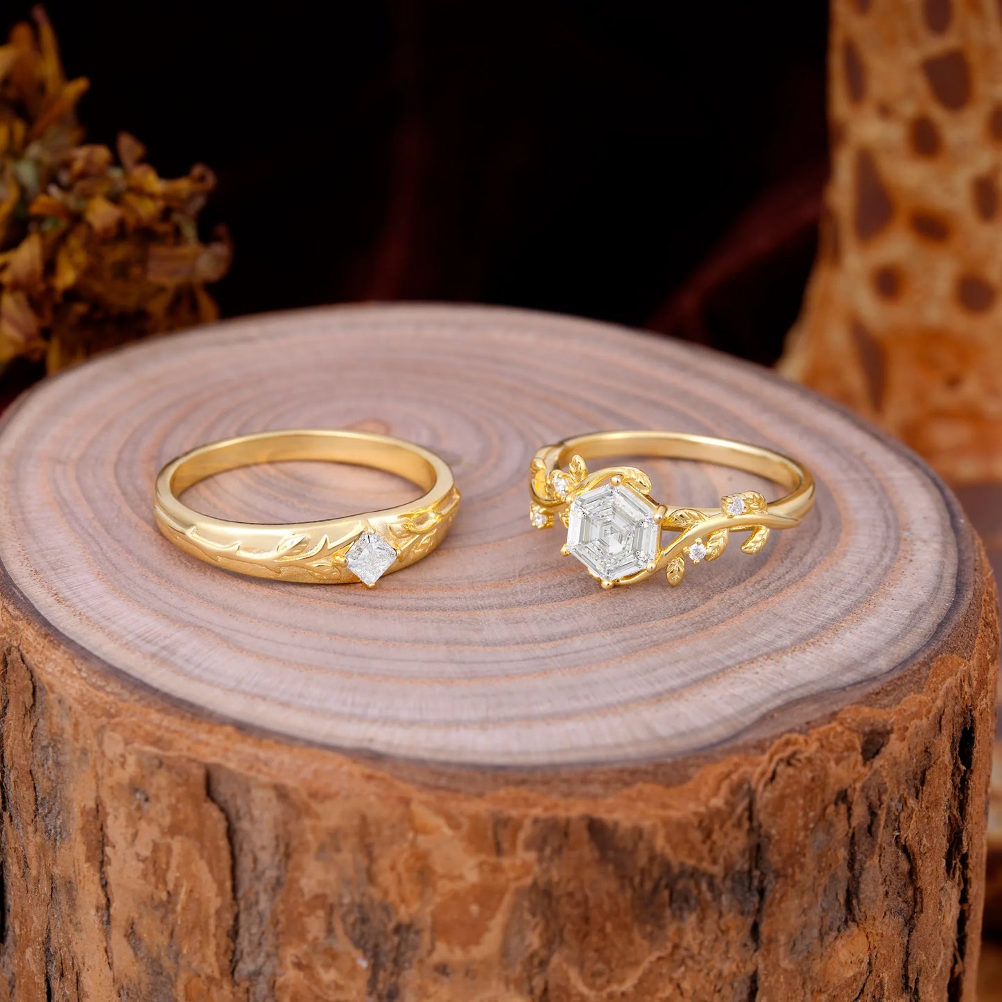 Luxurious Nature Inspired 6-Prong Hexagonal-Cut Moissanite Engagement Couple Rings