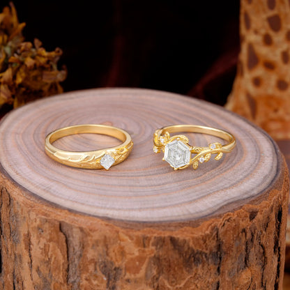 Luxurious Nature Inspired 6-Prong Hexagonal-Cut Moissanite Engagement Couple Rings