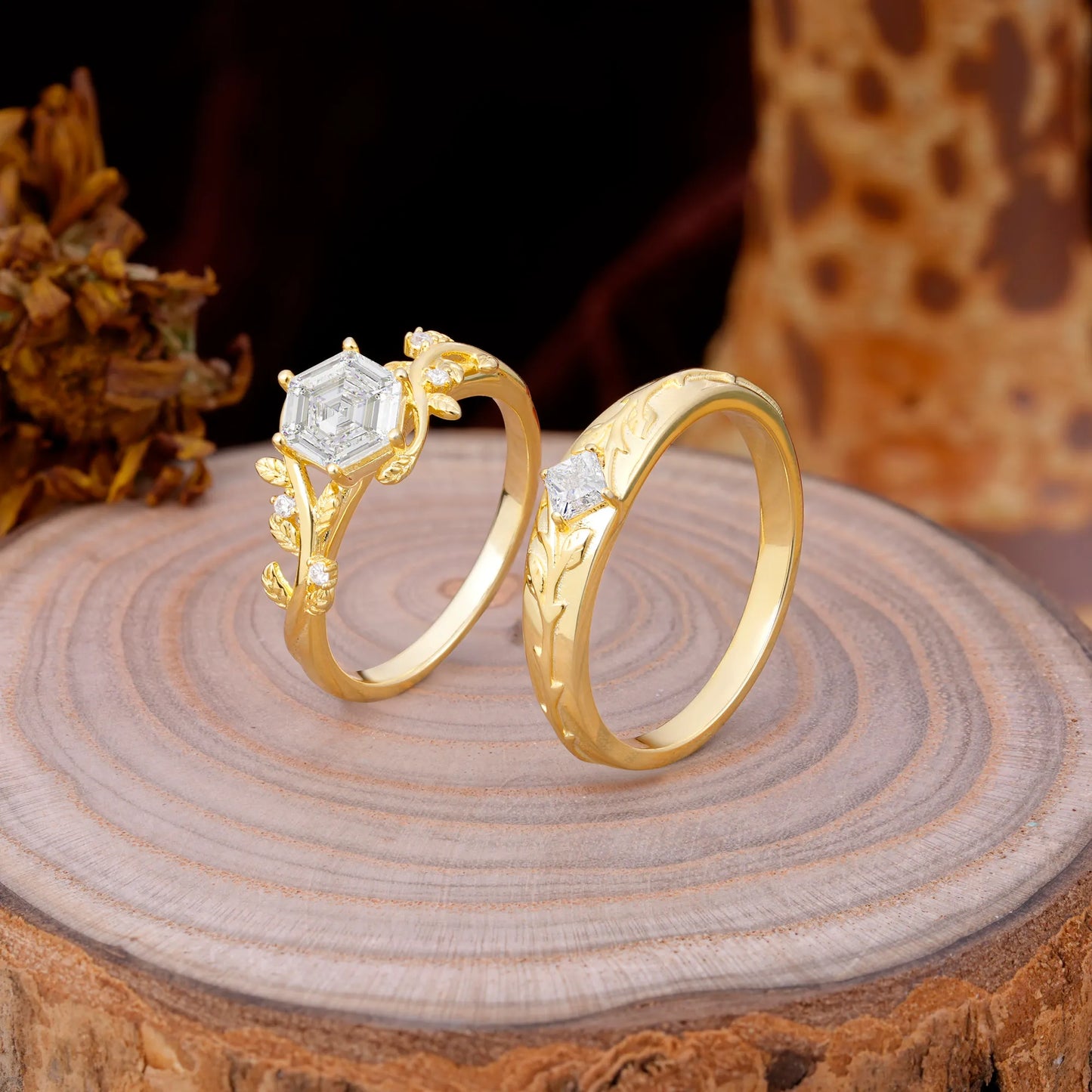 Luxurious Nature Inspired 6-Prong Hexagonal-Cut Moissanite Engagement Couple Rings