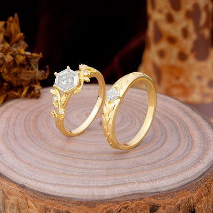 Luxurious Nature Inspired 6-Prong Hexagonal-Cut Moissanite Engagement Couple Rings