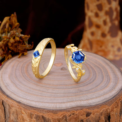 Luxurious Nature Inspired 6-Prong Hexagonal-Cut Sapphire Engagement Couple Rings