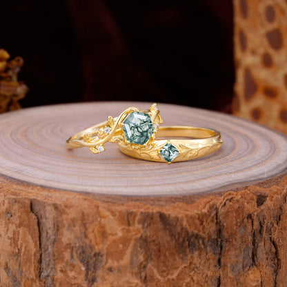 Luxurious Nature Inspired 6-Prong Hexagonal-Cut Moss Agate Engagement Couple Rings