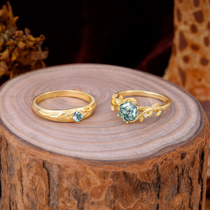 Luxurious Nature Inspired 6-Prong Hexagonal-Cut Moss Agate Engagement Couple Rings