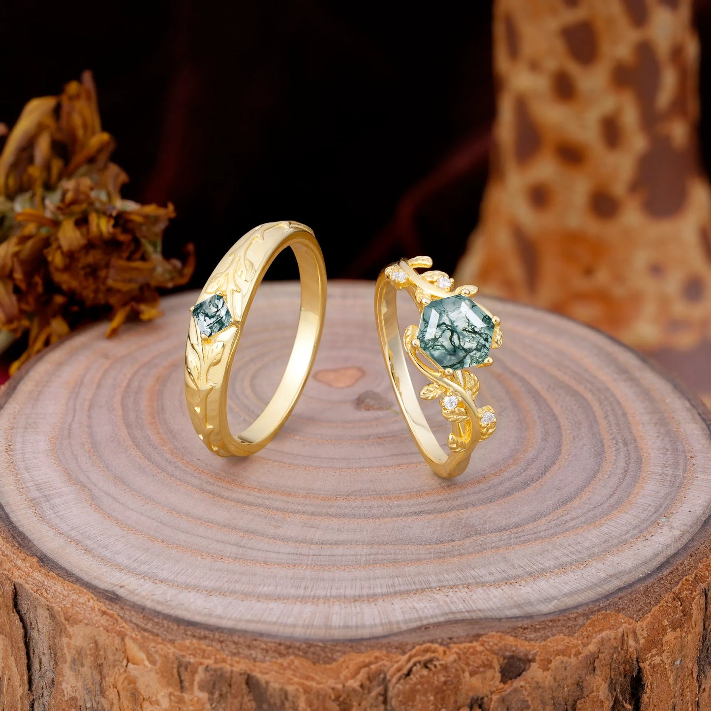 Luxurious Nature Inspired 6-Prong Hexagonal-Cut Moss Agate Engagement Couple Rings