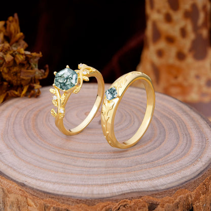 Luxurious Nature Inspired 6-Prong Hexagonal-Cut Moss Agate Engagement Couple Rings