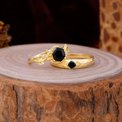 Luxurious Nature Inspired 6-Prong Hexagonal-Cut Black Onyx Engagement Couple Rings