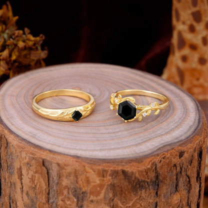 Luxurious Nature Inspired 6-Prong Hexagonal-Cut Black Onyx Engagement Couple Rings